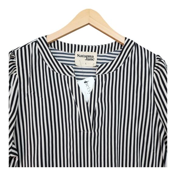 NEW Savanna Jane Blouse Women Large Black White Striped Top Office Casual Career - Picture 7 of 12